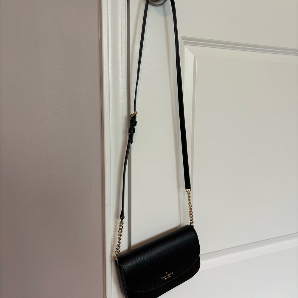 Kate Spade Black Leather Crossbody Shoulder Bag with Gold Chain Accent